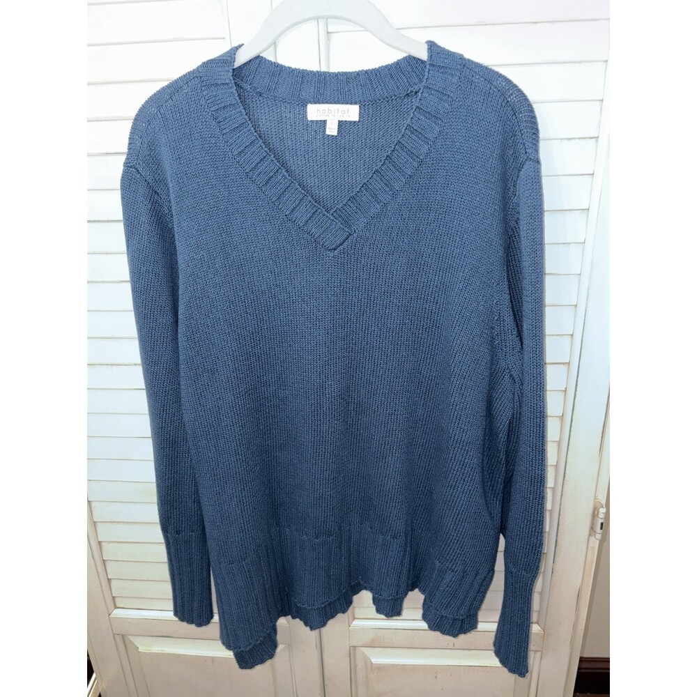 Habitat Womens Rib Knit V-Neck Sweater Size Large Blue Artsy Boho